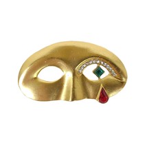 Vtg Masquerade Venetian Carnival Mask Brooch Pin Gold-tone Rhinestone Teardrop - £26.49 GBP