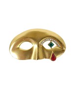 Vtg Masquerade Venetian Carnival Mask Brooch Pin Gold-tone Rhinestone Te... - $641.10 MXN