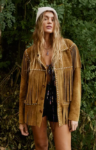 Tan Real Suede Studded Handmade Fringed Jacket Bohemian Cowgirl Style Coat - £70.87 GBP+
