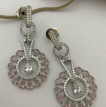 Bollywood Style Silver Plated Indian Pink CZ Earrings Drop Flower Jewelry Set - £68.54 GBP
