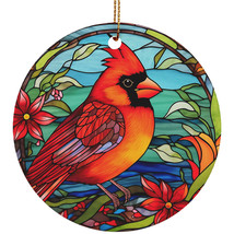 Red Cardinal Bird Art Stained Glass Colorful Wreath Christmas Ornament Gift - £11.59 GBP