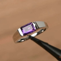 2Ct Emerald Cut Simulated Amethyst Men&#39;s Engagement Ring 14K White Gold Plated - £39.58 GBP