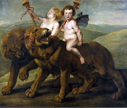 two putti riding lion with torches CERAMIC TILE ART mural medallion backsplash - £67.04 GBP+