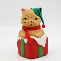 Cat Porcelain Christmas Ornament Holly Bells Handcrafted Hand Painted Vintage  - £7.82 GBP