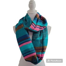 Vintage 80&#39;s Pink Green Blue Brown Striped Mandala Rectangles Infinity  Scarf - £11.89 GBP