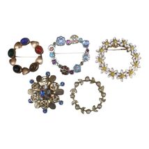 Vintage Brooch Lot Floral Circle Pins Rhinestone Enamel Mid Century Jewelry - $31.50