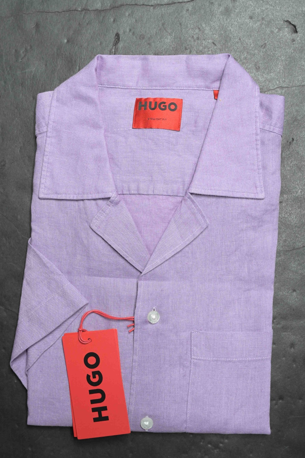HUGO BOSS Homme Ellino Manche Courte Droit Fit Violet Lin Décontracté Chemise M Item image 4