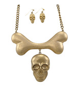 Zeckos Burnished Goldtone Skull And Bones Bib Necklace - Matching Earrings - £11.14 GBP