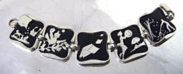 Vintage Black Enamel Link Bracelet Depicting 4 Seasons Silver Tone Wide ... - £31.17 GBP