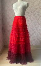 Red Tiered Maxi Skirt Outfit Women Custom Plus Size Party Evening Tulle Skirt image 2