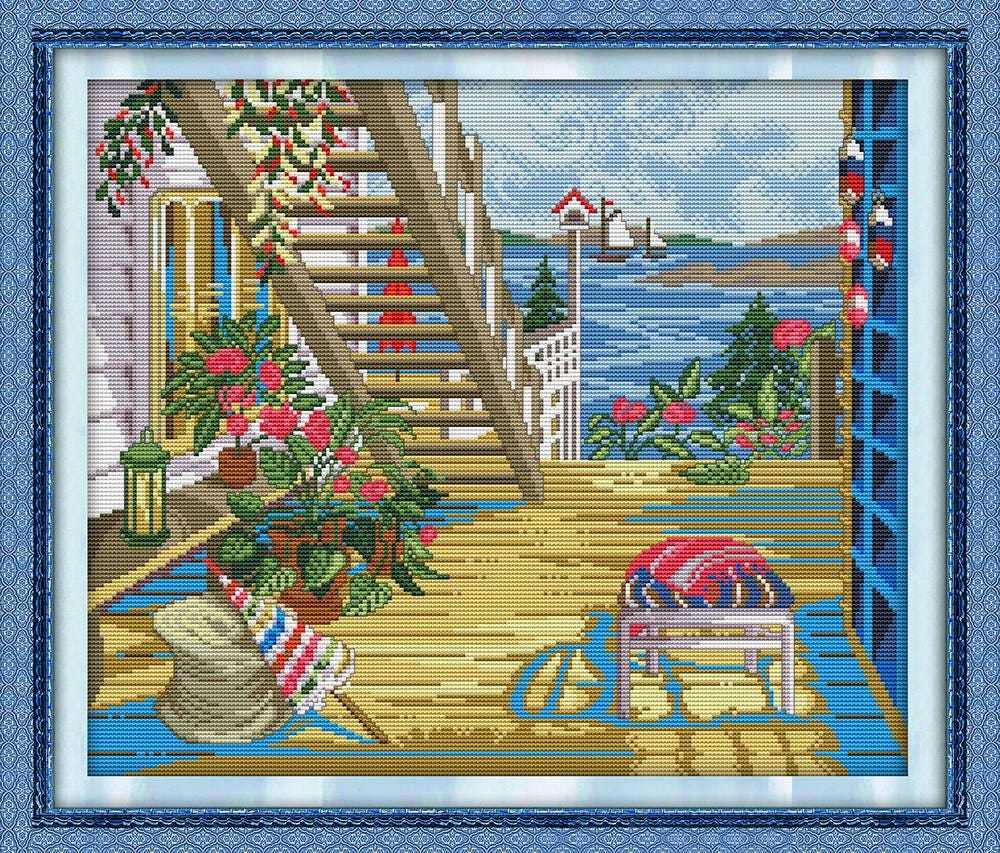 14CT Counted Cross Stitch Kit, Embroidery Kit, Gift For Mum, Seaside Vil... - $21.99