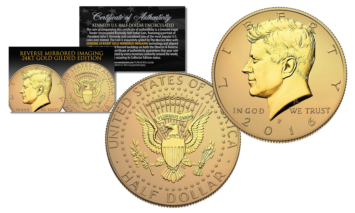 Primary image for 2016-P Kennedy Half Dollar Coin REVERSE MIRROR IMAGING & FROSTING 24K Gold Issue