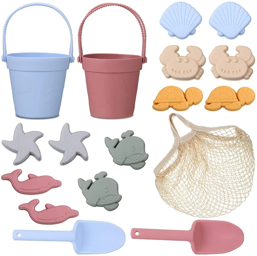 Silicone Beach Toys Set Kids Travel Friendly Beach Silicone Bucket Shovel Sand - £24.68 GBP+