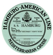 Hamburg American Lines Sticker  SS Hamburg 1930&#39;s  Mediterranean Cruise - £17.38 GBP