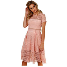 Women&#39;s Short Sleeve Cotton Crochet Lace Skater Dress in Rose Pink 14 AU... - $49.99