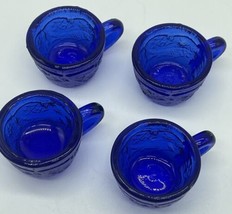 4 Vintage Miniature Cobalt Blue Voglesong Glass Tea Cups Fish &amp; Flowers ... - $17.29