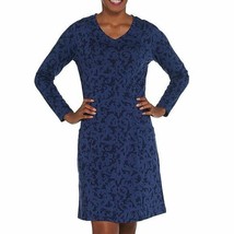 Denim &amp; Co Printed Long-Sleeve Fit Flare Dress Filagree Dark Indigo Blue... - $24.18