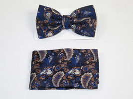 Men Bow Tie Hankie J.Valintin Formal or Business #BT36 Blue Brown Paisley - £15.65 GBP