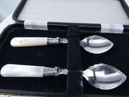c1900 Jam/Condiment spoon set with mother of pearl handles in wood box. - $89.10