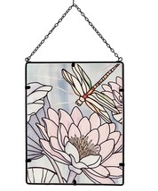 Dragonfly Lotus Suncatcher Wall Plaque 16" High Glass with Chain and Black Frame