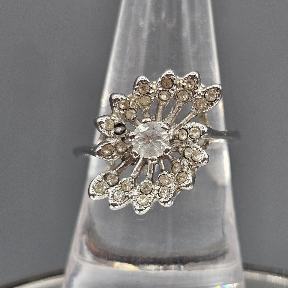 Vintage Crystal Asymmetrical Ring Silver Tone Size 7.5 Starburst High Pr... - $19.99