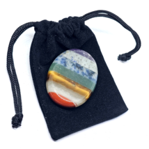 Seven Chakra Thumb Palm Worry Stone Crystal Anxiety Bonded Flat Natural &amp; Pouch - £6.52 GBP