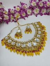 Bollywood Style Kundan Pearl Choker Necklace Earrings Indian Yellow Jewelry Set - £66.48 GBP