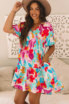 Rose Red Floral Bubble Sleeve V Neck Tiered Ruffle Babydoll Dress - $18.74