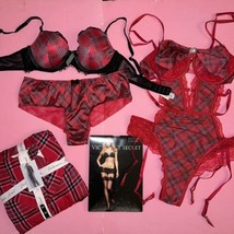 Victoria&#39;s Secret 34C Bra Set+M Garter Teddy+Flannel Pj Set Red Black Plaid - £174.09 GBP