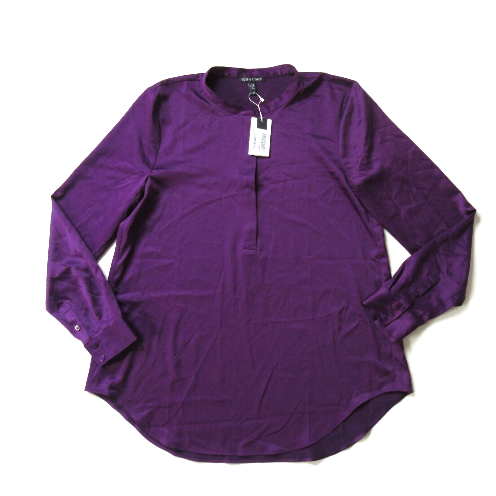 Primary image for NWT Eileen Fisher Satin Henley Blouse in Raisinette Purple L/S Button Top XS