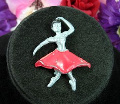 Flamenco Dancer Woman Pin Red Enamel Skirt Dress Black Hair Silvertone Brooch - £13.55 GBP