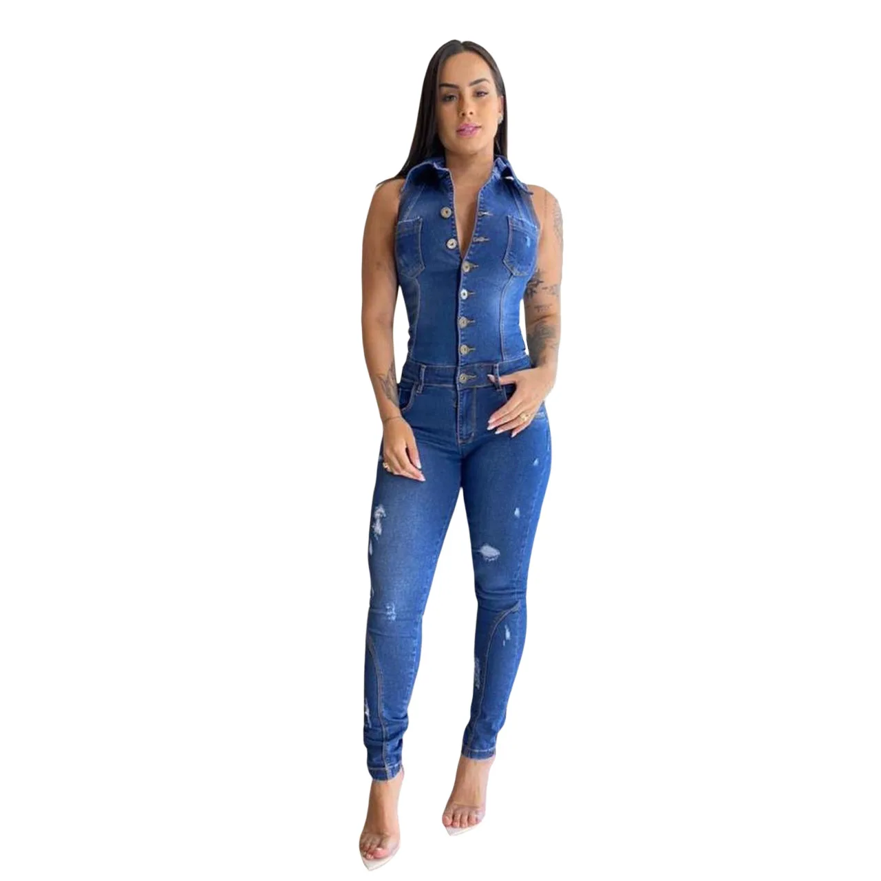Ommended sleeveless lapel fashion temperament tight single breasted denim hole jumpsuit thumb200