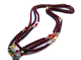Triple Necklace, Long Triple Necklace, Multi Strand Necklace, Long necklace, Red - £26.31 GBP