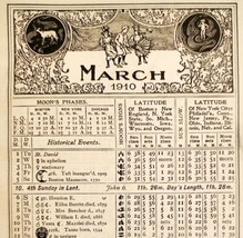 March April 1910 Calendar Page Moon Phases Sun Double Sided Ephemera ADB... - $41.12 CAD