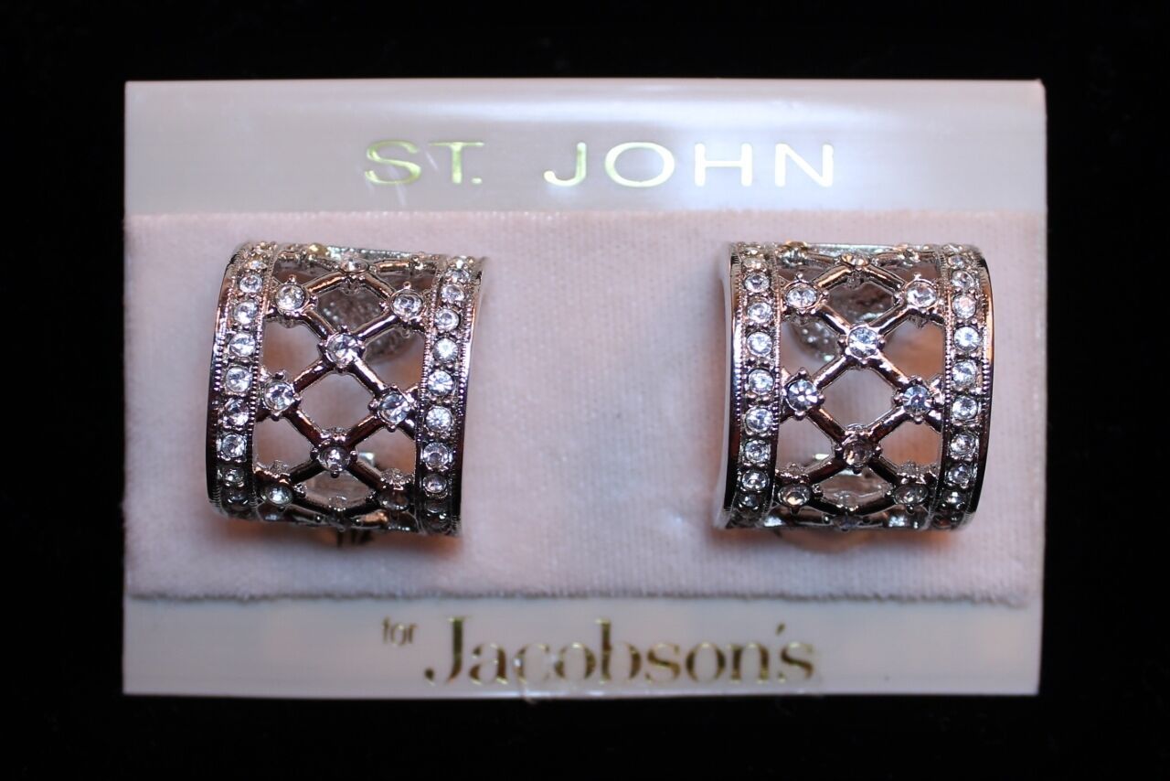 St. John Crystal Rhinestone Hoop Clip On Earrings Jewelry Card Original Hang Tag - $118.78