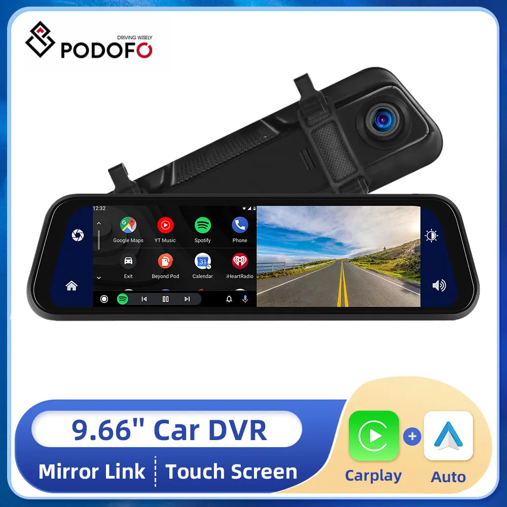 Podofo Car DVR Mirror 9.66 Inch Touch Screen Stream RearView Dash Cam Mirror - £62.23 GBP+
