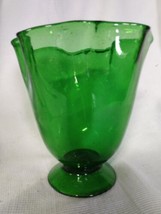 Vintage Hand Blown Green Glass Vase Large with Ruffle Rim 8&quot; x 8&quot;  - £31.96 GBP