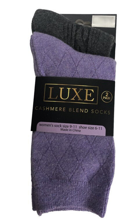 Primary image for Luxe Cashmere Blend Wool 2 Pair Ladies Socks Diamond Pattern Purple Cable Gray