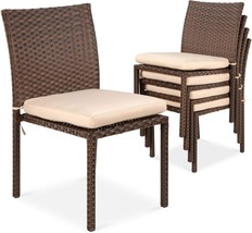 Four Stackable Outdoor Patio Wicker Chairs With Cushions, A Uv-Resistant... - £306.73 GBP