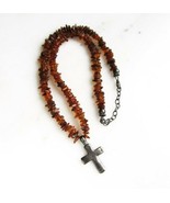 Vintage Amber Beaded Necklace with Sterling Silver Cross Pendant C3251 - £53.53 GBP