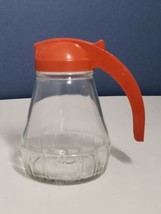 Vintage Syrup Pitcher molded glass w/ red plastic thumb pour lid Retro Kitchen   - £10.13 GBP