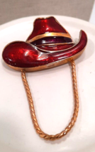 Vintage Red Enamel Brooch Pin Cowboy Hat Gold Tone  Readers / Eyeglass H... - £5.78 GBP