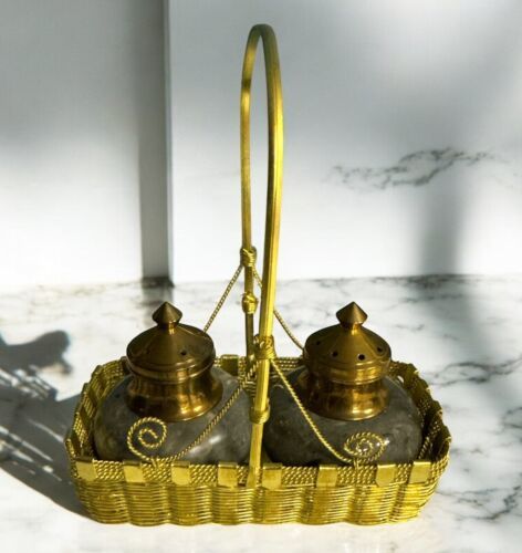 Vtg Salt Pepper Shaker Set Vintage Marble Brass In Gold Hardware Basket - $34.50