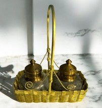 Vtg Salt Pepper Shaker Set Vintage Marble Brass In Gold Hardware Basket - $34.50