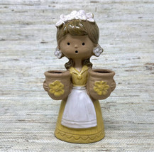 1970s Girl Figurine &amp; Tiny Flower Pots Vases In Hands Brown Clay Ceramic 5.5”H - £20.92 GBP