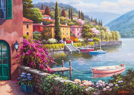 Framed canvas art print giclée Italy lake como Varenna Flower garden harbor boat - £29.56 GBP+