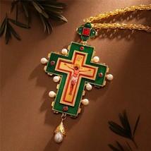 Green Enamel Pectoral Cross Necklace INRI Crucifix Jesus Pope Francis Ch... - £29.75 GBP
