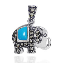 Royal Elephant Blue Turquiose and Marcasite 925 Silver Pendant - $24.25