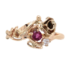 14k Yellow Gold Handwrought Rose Ring with Genuine Natural Ruby Diamond ... - $678.15