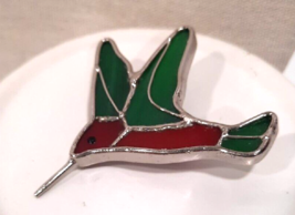 Stained Glass Hummingbird Brooch Pin in Red Green Silver 2” Migration bird - £5.31 GBP